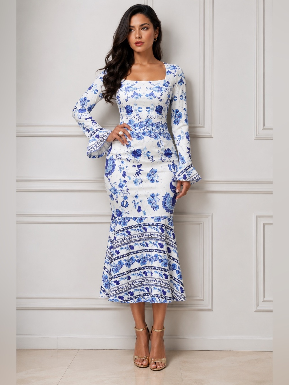 Blue & White Porcelain Floral Mermaid Midi Dress | Luxury Tea Party Cottagecore